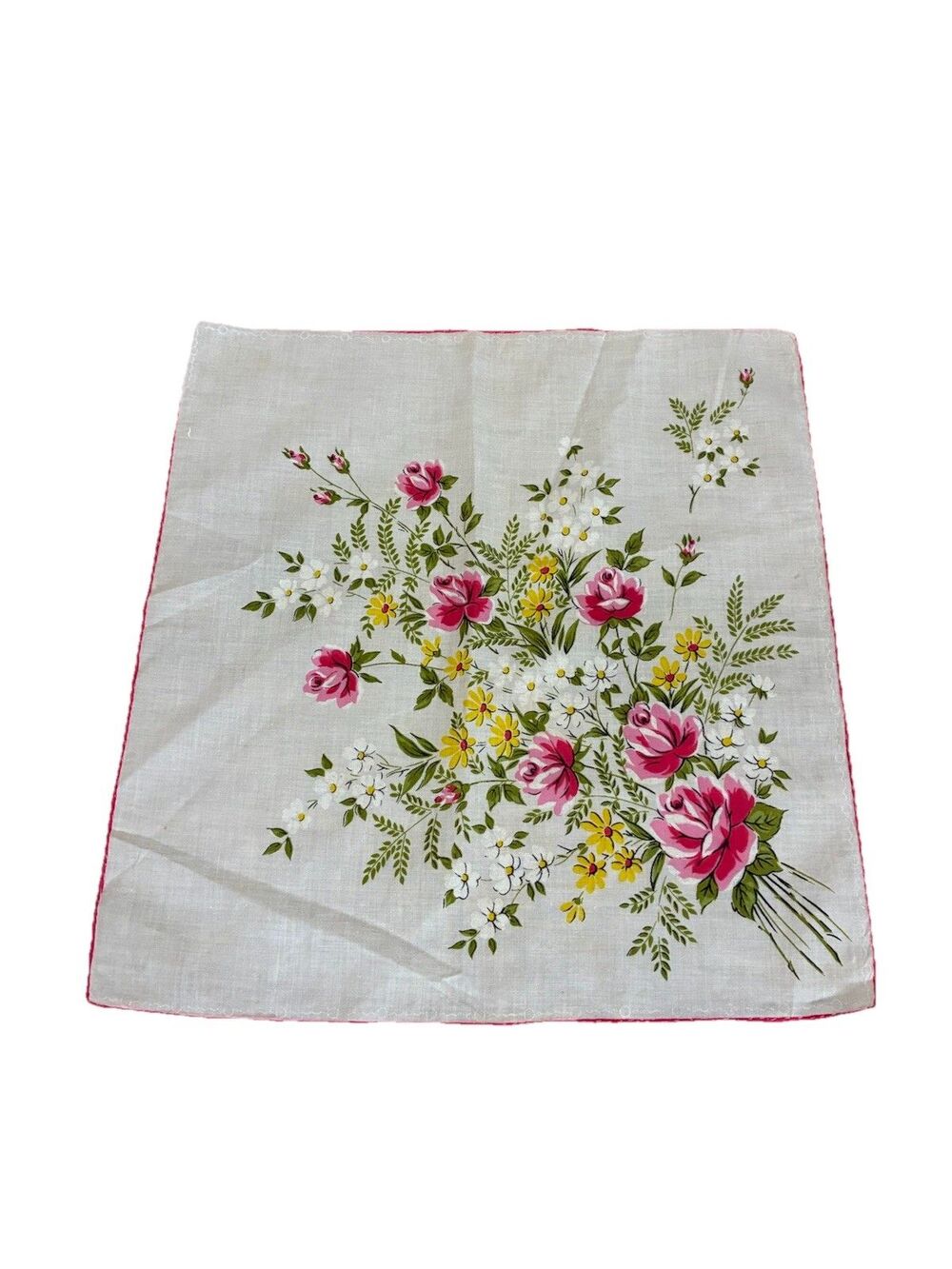 Vintage Handkerchief Floral Pink Yellow Garden Hand Rolled 14x14 Cottagecore